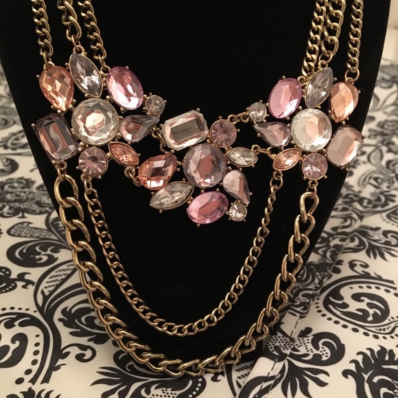 Pink lavender and gold Statement necklace multi chain - Picture 2 of 6